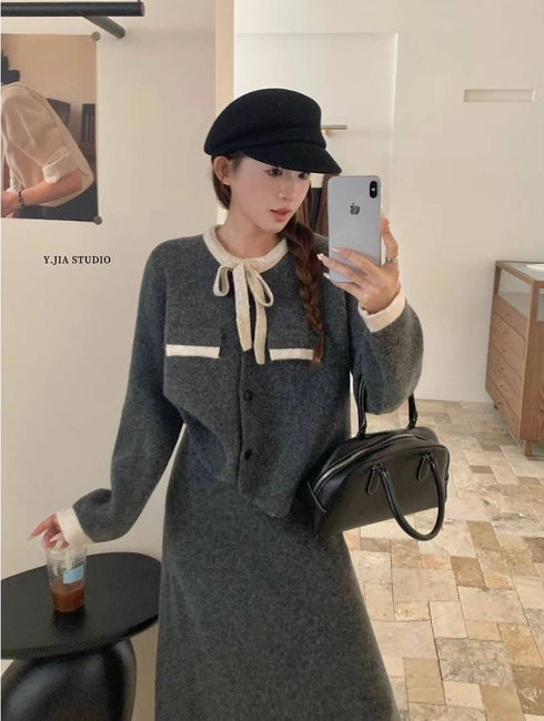 Premium Ribbon Collar Soft Sweater With Skirts Sets